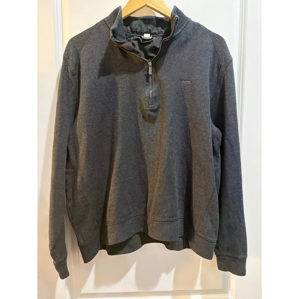 Calvin Klein Mens XL Quarter Zip Pullover Sweater Charcoal Grey Cotton Knit